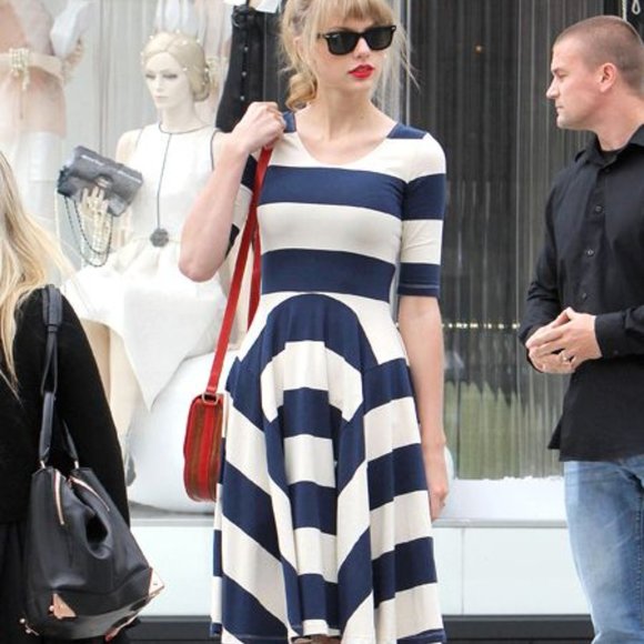 GORMAN Cotton Taylor Swift Navy Cream Parisian Stripe Fit and Flare Midi Dress - Picture 2 of 9